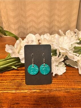 Teal Textured Round Dangle Earrings